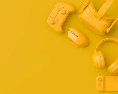 Modern home office setup featuring keyboard, gaming controllers and headphone イラスト素材