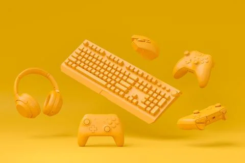 Modern home office setup featuring keyboard, gaming controllers and headphone 스톡 일러스트