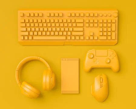 Modern home office setup featuring keyboard, gaming controllers and headphone Stock Illustration