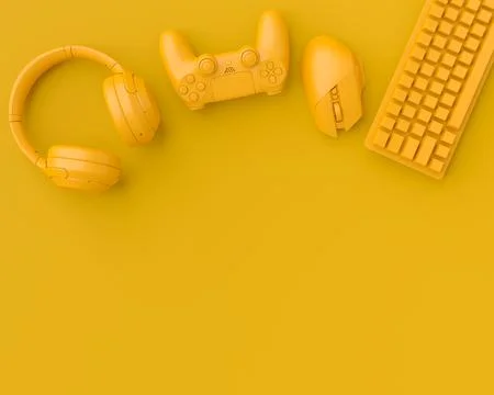 Modern home office setup featuring keyboard, gaming controllers and headphones Stock Illustration