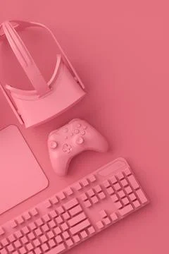 Modern home office setup featuring keyboard, VR glasses and headphones Illustrazione stock