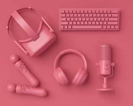 Modern home office setup featuring keyboard, VR glasses and headphones 스톡 일러스트