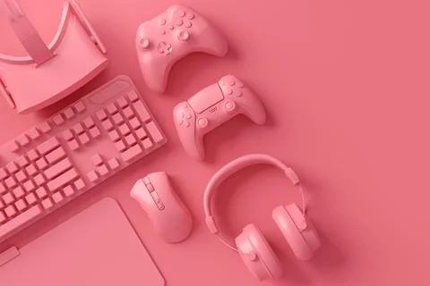 Modern home office setup featuring keyboard, gaming controllers and mouse Stockillustratie