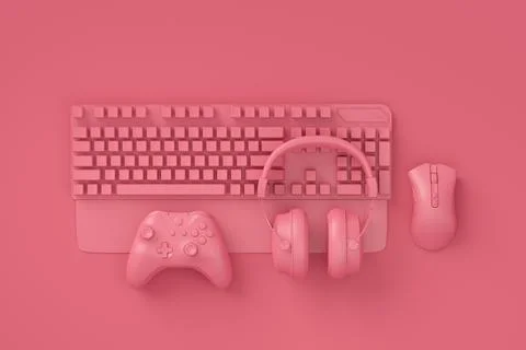 Modern home office setup featuring keyboard, gaming controllers and headphone Stockillustratie