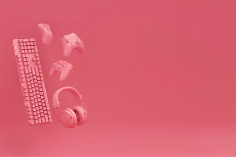 Modern home office setup featuring keyboard, gaming controllers and headphone Stock Illustration