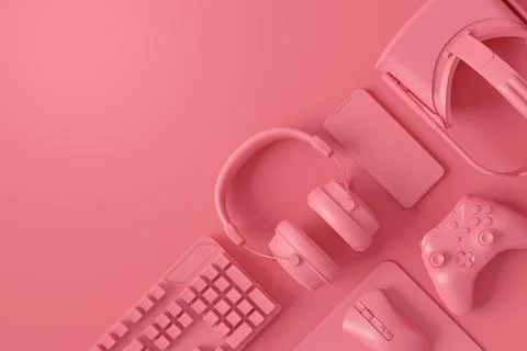 Modern home office setup featuring keyboard, VR glasses and headphones 스톡 일러스트