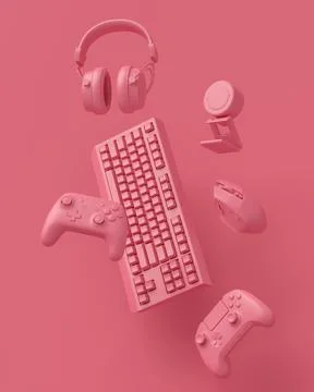 Modern home office setup featuring keyboard, gaming controllers and headphone イラスト素材