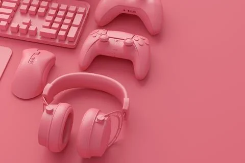 Modern home office setup featuring keyboard, gaming controllers and headphone 스톡 일러스트