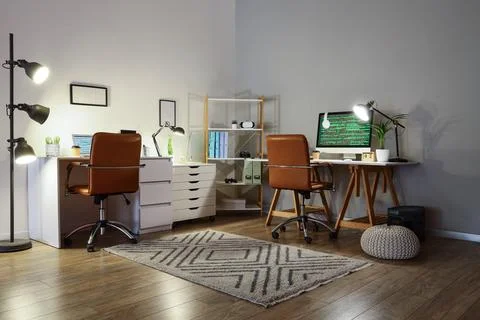 Modern home office with two workstations and computers Stock Photos