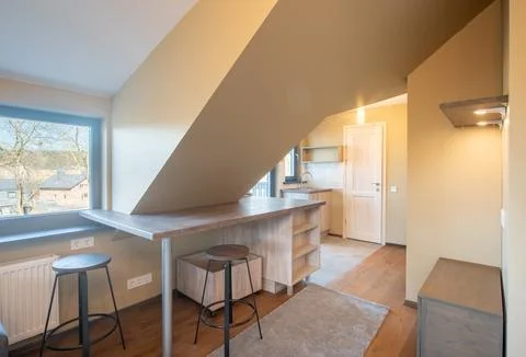 Modern Home Open-Concept Interior of a Small Loft Apartment. Kitchen in Bac.. Stock Photos