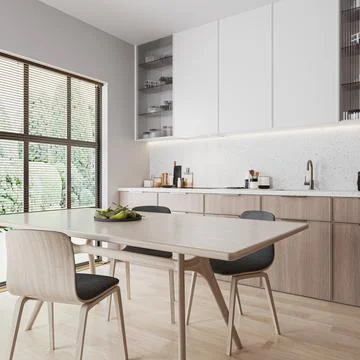 Modern home style kitchen interior with dinning table and kitchen furniture,  Stock Illustration