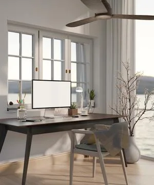 A modern home working room with a computer desk near by the window, a ceili.. Stock Illustration