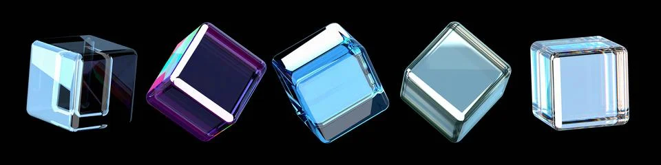 Modern horizontal row showcasing five transparent glass crystal cubes, exhibi イラスト素材