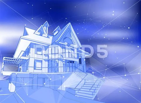 Modern house on a blue background surrounded by digital networks Stock Illustration