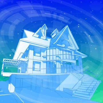 A modern house on a blue background surrounded by digital networks Ilustración de archivo