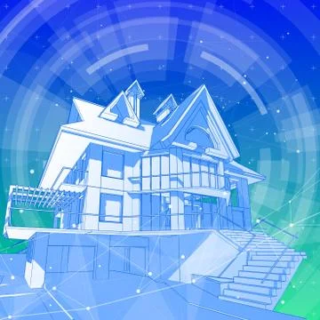A modern house on a blue background surrounded by digital networks Stock Illustration