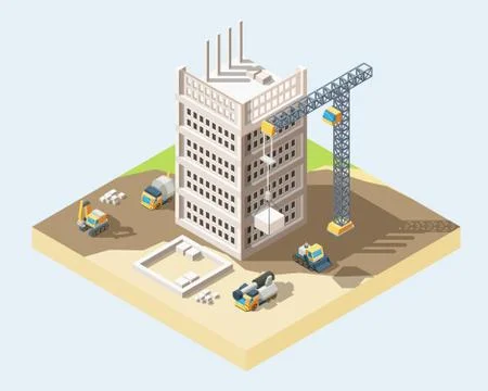 Modern house building process isometric 3D vector illustration Stock Illustration