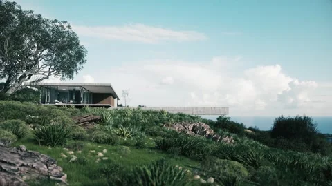 Modern House on Cliff Overlooking Hill Stock Footage 336330845