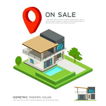 Modern house isometric with red point map on sale Stock Illustration