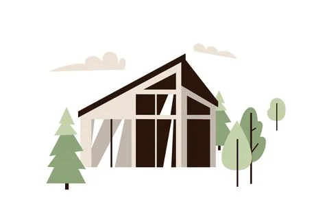 Modern house vector illustration in simple flat minimal style with trees Illustrazione stock