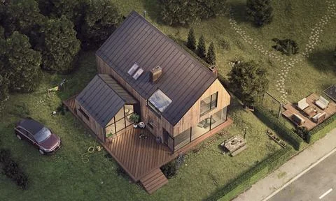 Modern house villa with solar panels - day version, Not gen Ai Stock Illustration