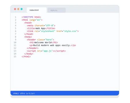 Modern HTML code editor window interface displaying responsive webpage markup イラスト素材