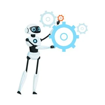 Modern Humanoid or Robotic Device with Iron Limbs Holding Gear-wheel Vector Stock Illustration