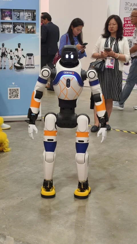Modern humanoid robot showcased at a technology trade show Stock-Footage 338319311