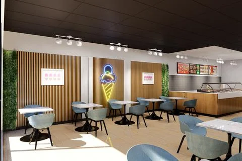 Modern Ice Cream Parlor Interior with Contemporary Design and Neon Sign Stock Illustration