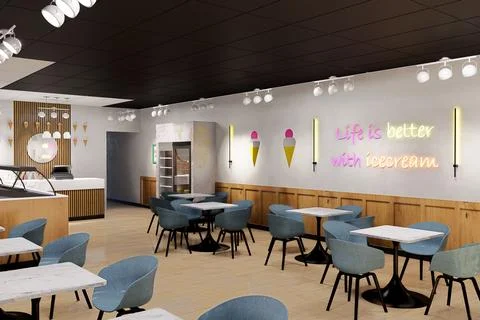 Modern Ice Cream Parlor Interior with Neon Sign and Stylish Seating Stock Illustration