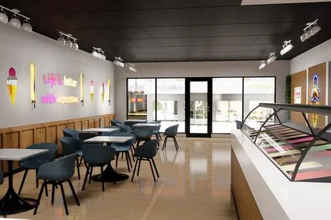 Modern Ice Cream Parlor Interior Render with Neon Signs Stock Illustration