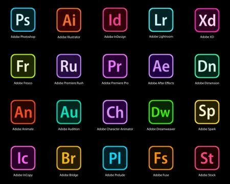 Modern icons of Adobe's Creative Cloud applications Illustrazione stock