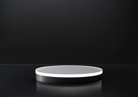Modern illuminated circular platform on dark surface, 3d futuristic product.. Illustrazione stock
