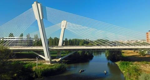 Modern impressive design of cable-stayed bridge in Barcelona Stock Photos