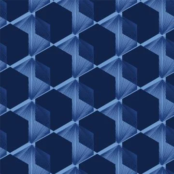 Modern indigo blue geometric hand drawn 3d cube pattern. Repeating abstract 스톡 일러스트