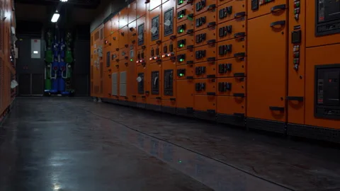 Modern Industrial Control Room electrical switchgear, switch panel at Stock Footage 309025226