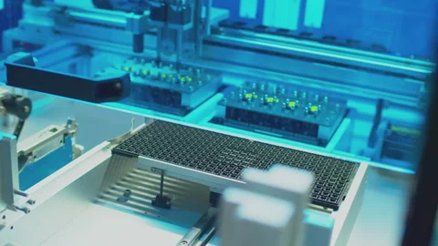 Modern industrial equipment.industrial robot assembles an electronic board Stock Footage 272995507
