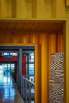 Modern Industrial Interior with Geometric Patterns Stock Photos