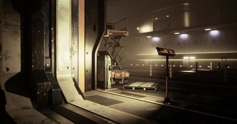 Modern industrial interior with illuminated structure and stairs in low light Stock Illustration