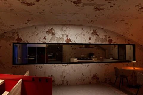 Modern Industrial Loft Interior with Vaulted Brick Ceilings and Distressed Walls 스톡 일러스트