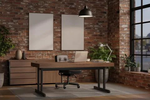 Modern industrial office with white frames on brick wall, wooden desk, chai.. Stock Illustration