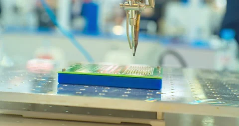 Modern industrial robot for electronics manufacturing makes a complex printed Stock Footage 152654484