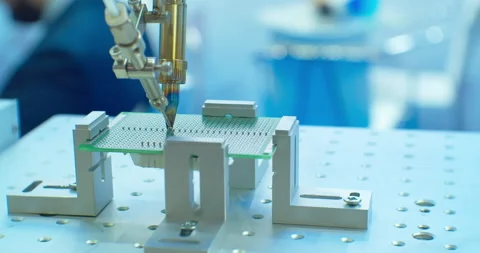 Modern industrial robot for electronics manufacturing makes a complex printed Video stock 152721639