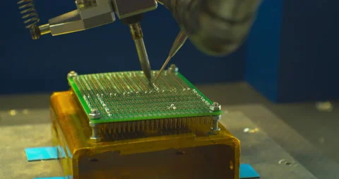 Modern industrial robot for electronics manufacturing makes a complex printed Stock Footage 152740611