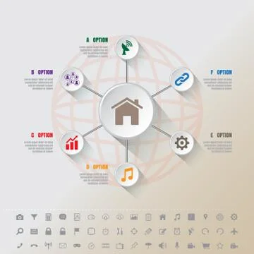 Modern Infographic complement template with 7 Button circles and set of icons Stock Illustration