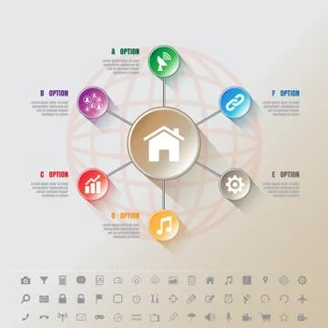 Modern Infographic complement template with 7 Button circles and set of icons 스톡 일러스트