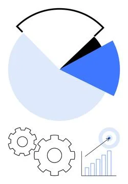 Modern infographic with pie chart, gears, bar graph, and target arrow, showca Stock Illustration