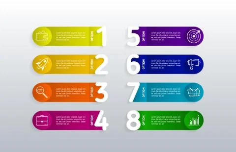 Modern Infographic template with 8 steps, icons for 8 options, colorful label Stock Illustration