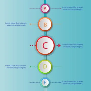 Modern infographics process template with 5 circle buttons icons and text. Ve Stock Illustration
