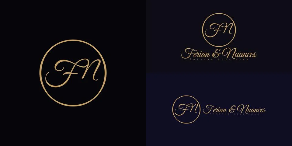 Modern initial circle vector letter FN or NF logo in gold color Stock Illustration